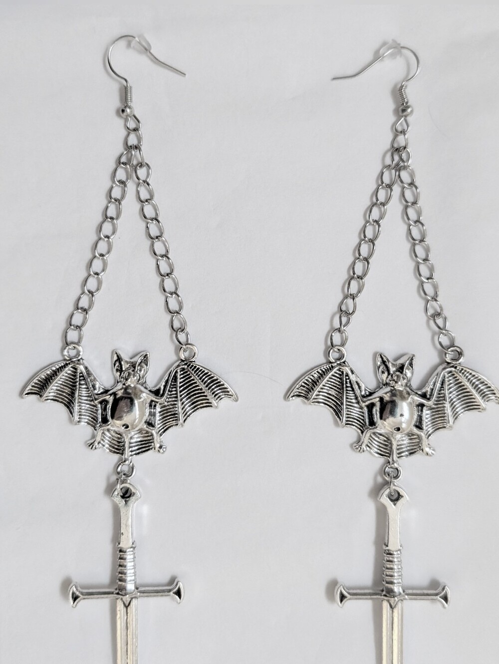 NWT Extra Long Handmade Silver Bat Chain and Sword Earrings - Picture 6 of 8